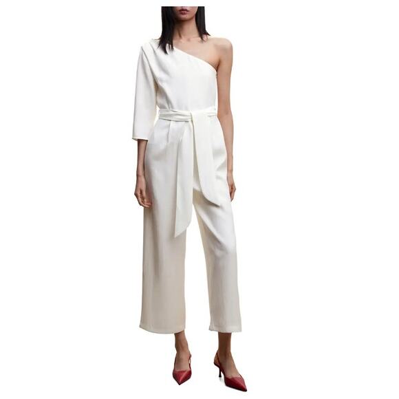 Mango White One Shoulder Wide Leg Cropped Jumpsuit XS NWT - Picture 1 of 9